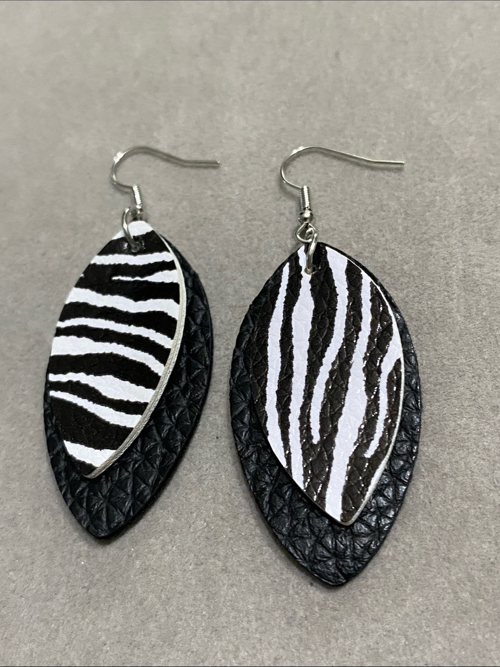 Black and White Zebra Layered Leather Drop Earrings